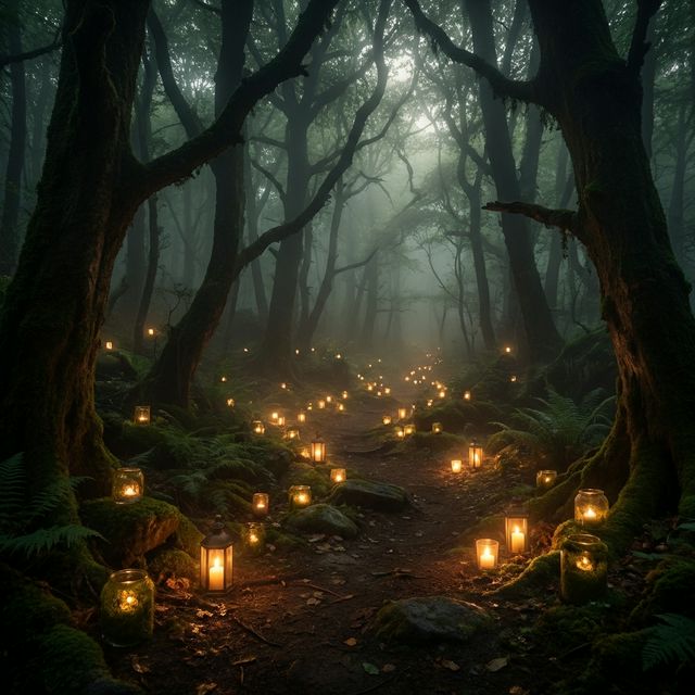 Caminho espiritual iluminado na floresta